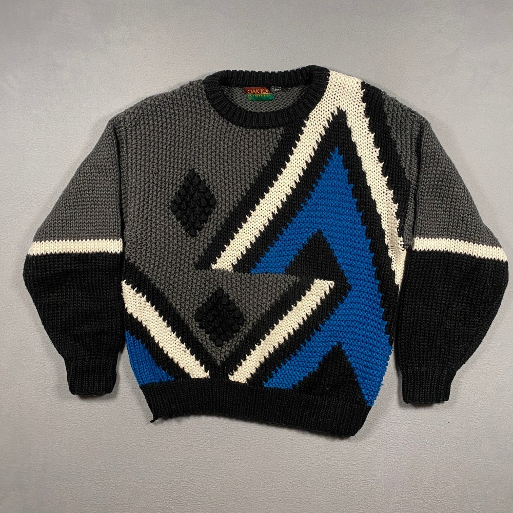 Vintage 90s Oakton Limited Sweater Mens XL Grey Blue Geometric 3D Popcorn Knit